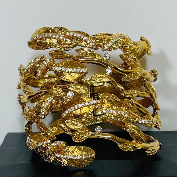 Rachel Zoe Hinged Cuff Bracelet Crystals Leaf Branches Gold Tone Leaf Branch - Picture 9 of 14
